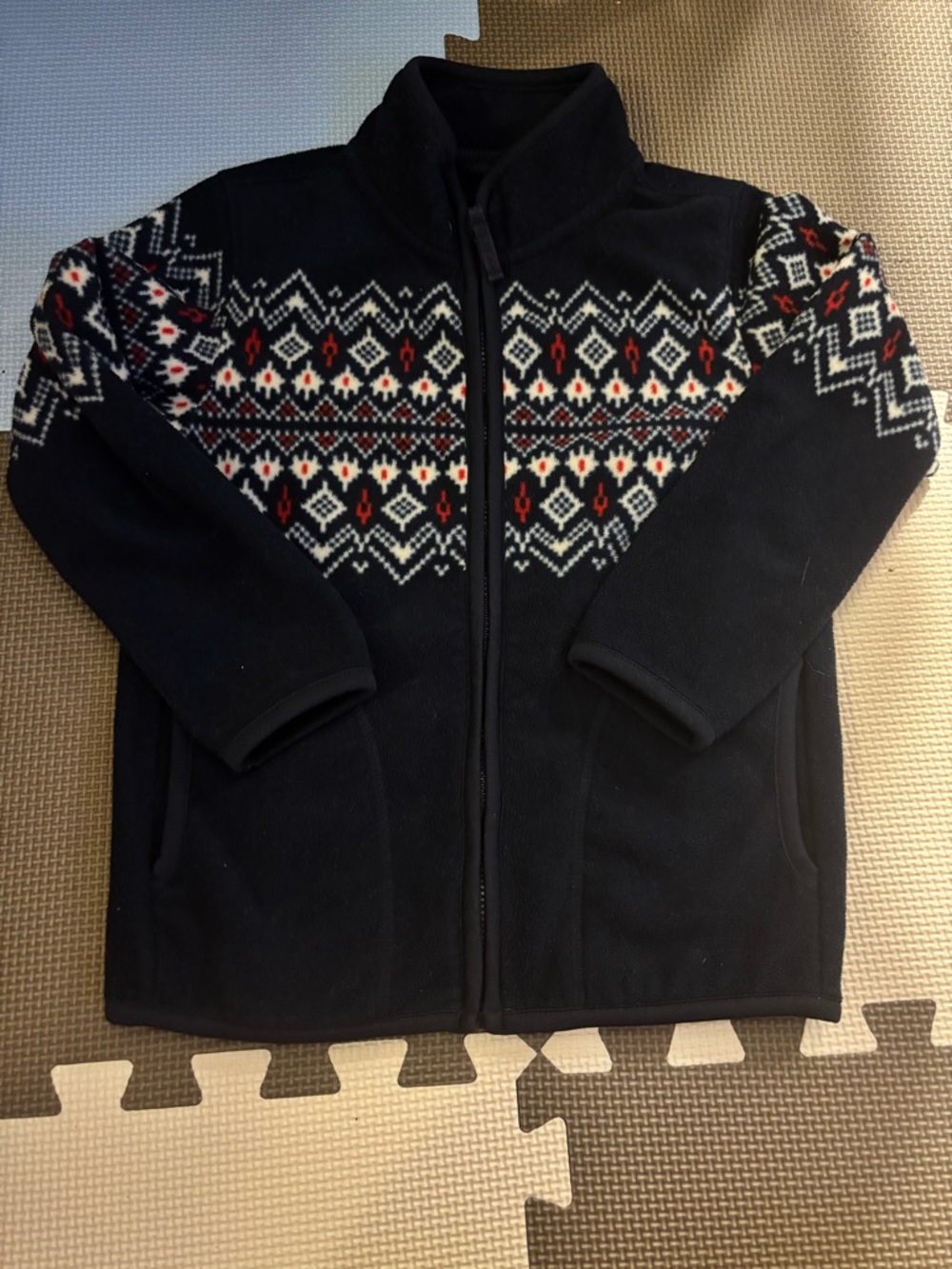 Uniqlo Kids Black Zip-Up Fleece Jacket with White and Red Fair Isle Pattern